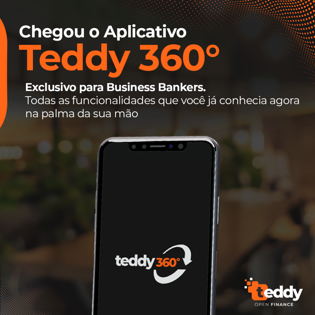 Imagem informando a chegada do aplicativo Teddy 360° com uma tela de celular aparecendo a lodo da plataforma.